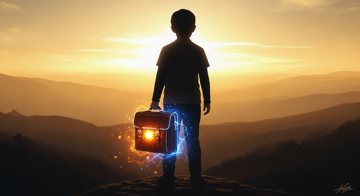 A child silhouette holding a glowing leather bag at dawn
