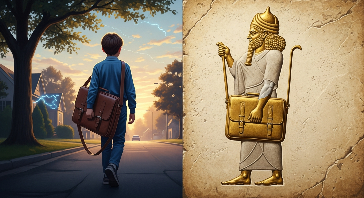Split panel — 1980s boy with leather laptop bag and Sumerian carving