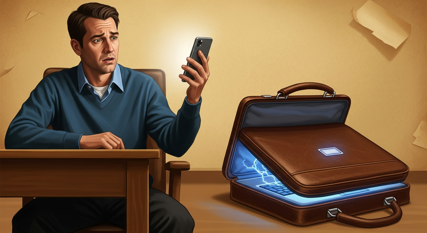 A man confused by a glowing phone, the leather bag closed beside him