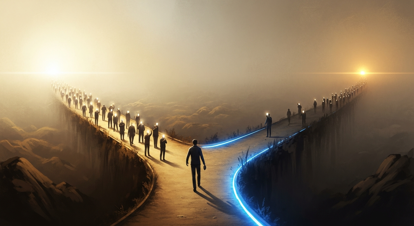 A man at a crossroads — bright crowded path versus dark narrow lit path