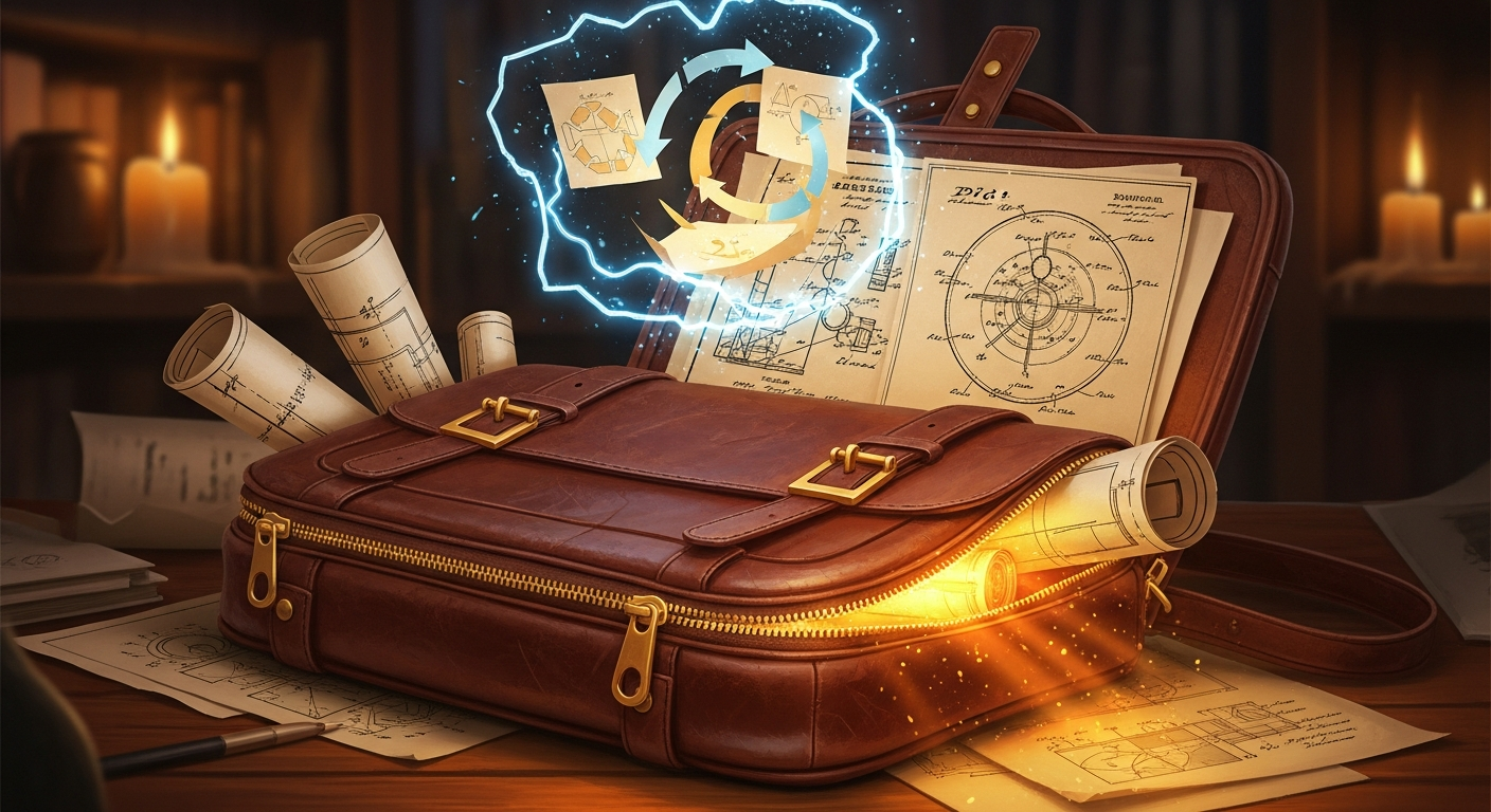 An old leather bag open on a desk, glowing blueprints and a circular economy model rising from inside