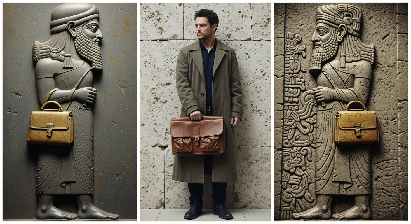 Triptych — Sumerian carving, contemporary man with bag, Mayan carving, all in identical posture