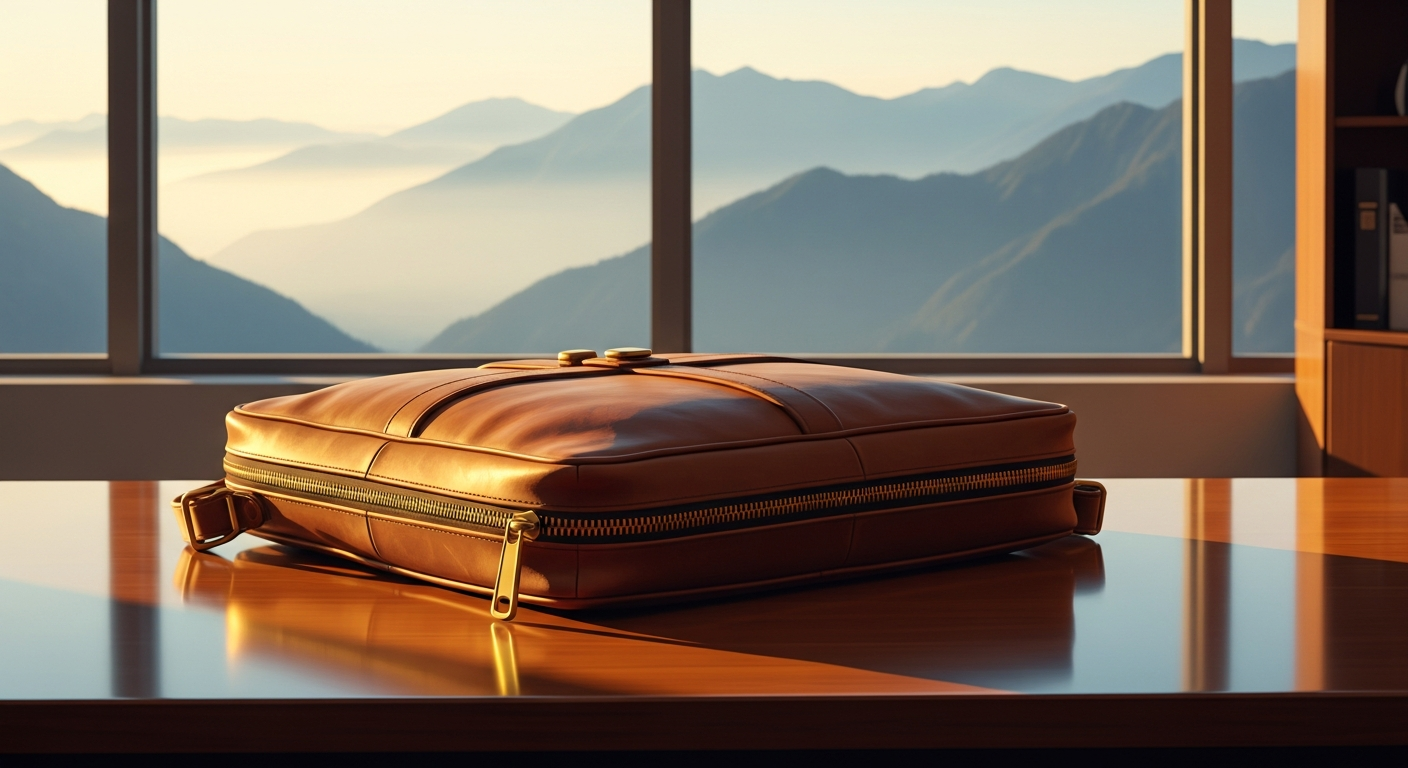 The closed leather bag on a desk, mountain view at golden hour, gold light on brass zipper