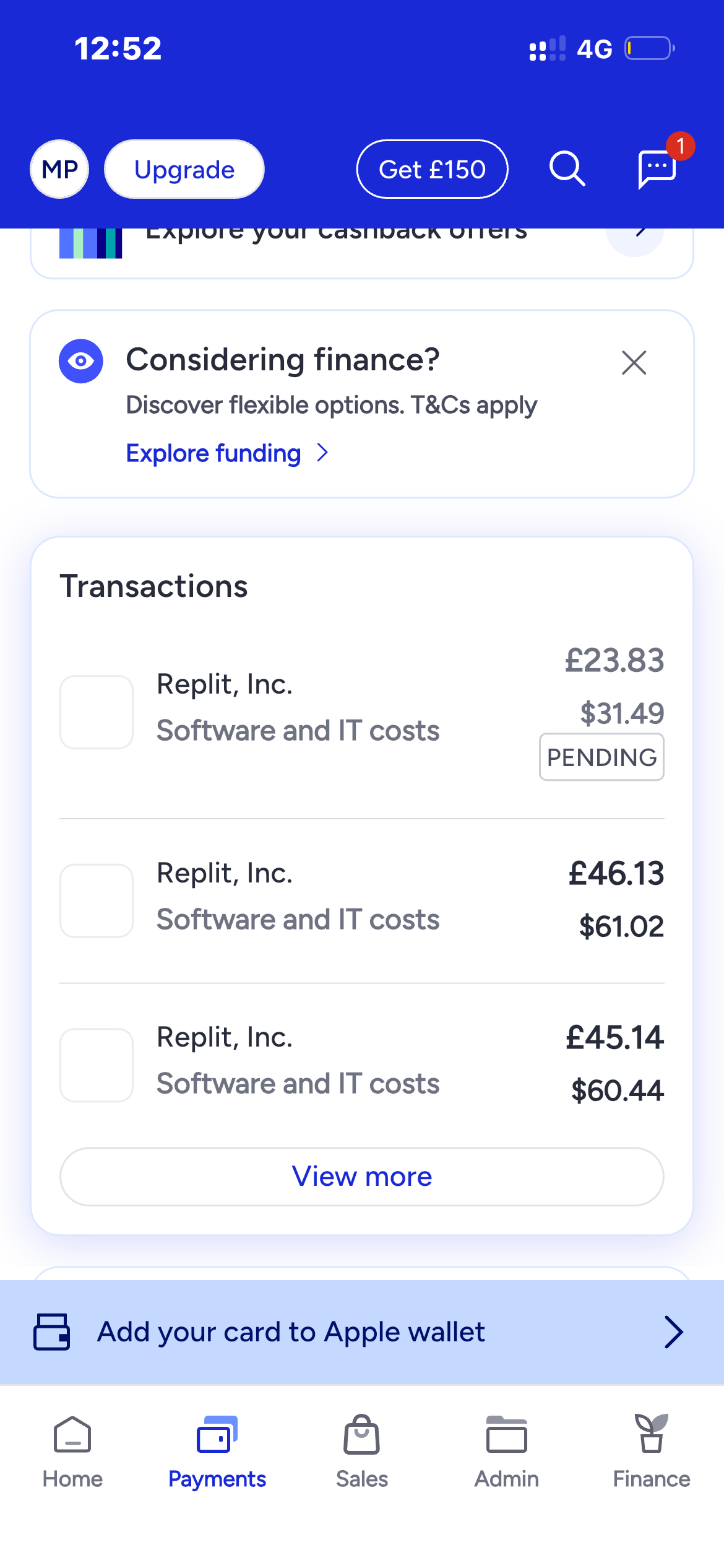 Bank statement showing three Replit charges: £23.83 PENDING, £46.13, £45.14 — March 16–17 2026