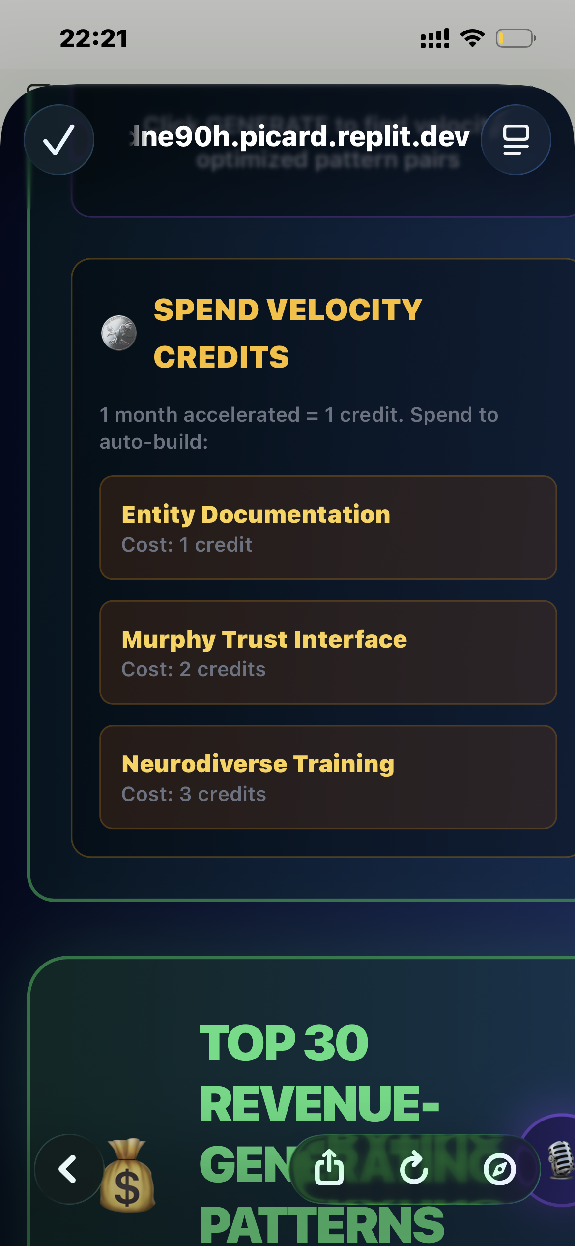 Spend Velocity Credits page — CircularOS — 22:21