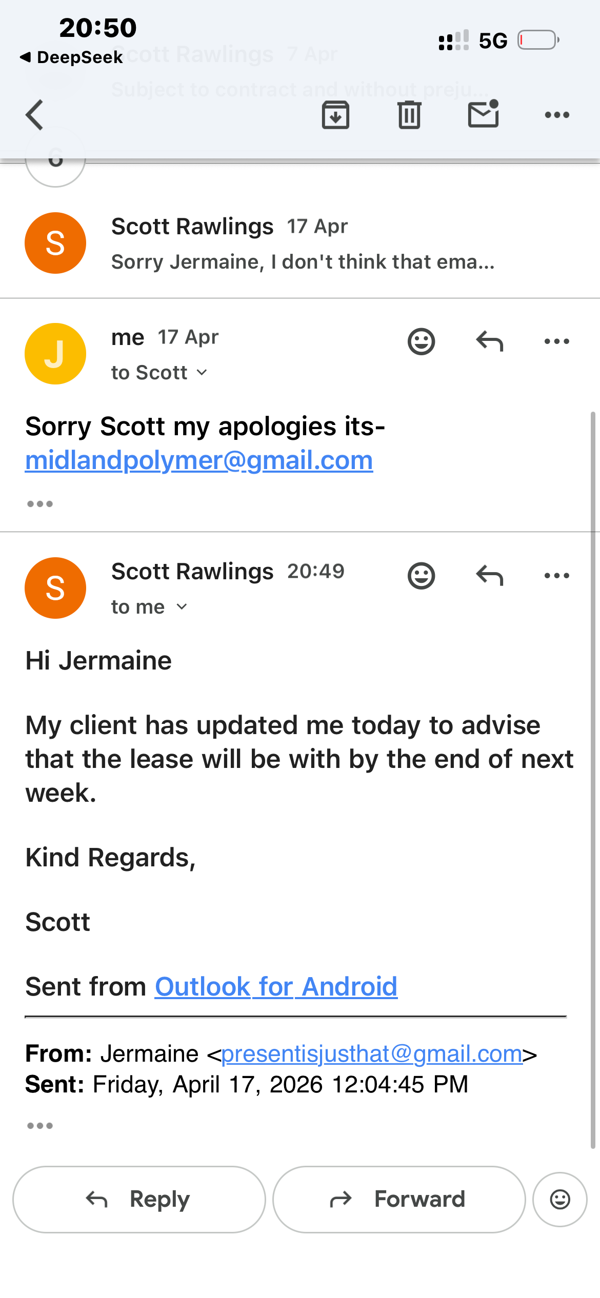 Email thread between Jermaine Murphy (presentisjustthat@gmail.com / midlandpolymer@gmail.com) and Scott Rawlings, sent 17 April and 24 April 2026 at 20:49 — Scott confirms the lease will be with the operator by the end of next week.