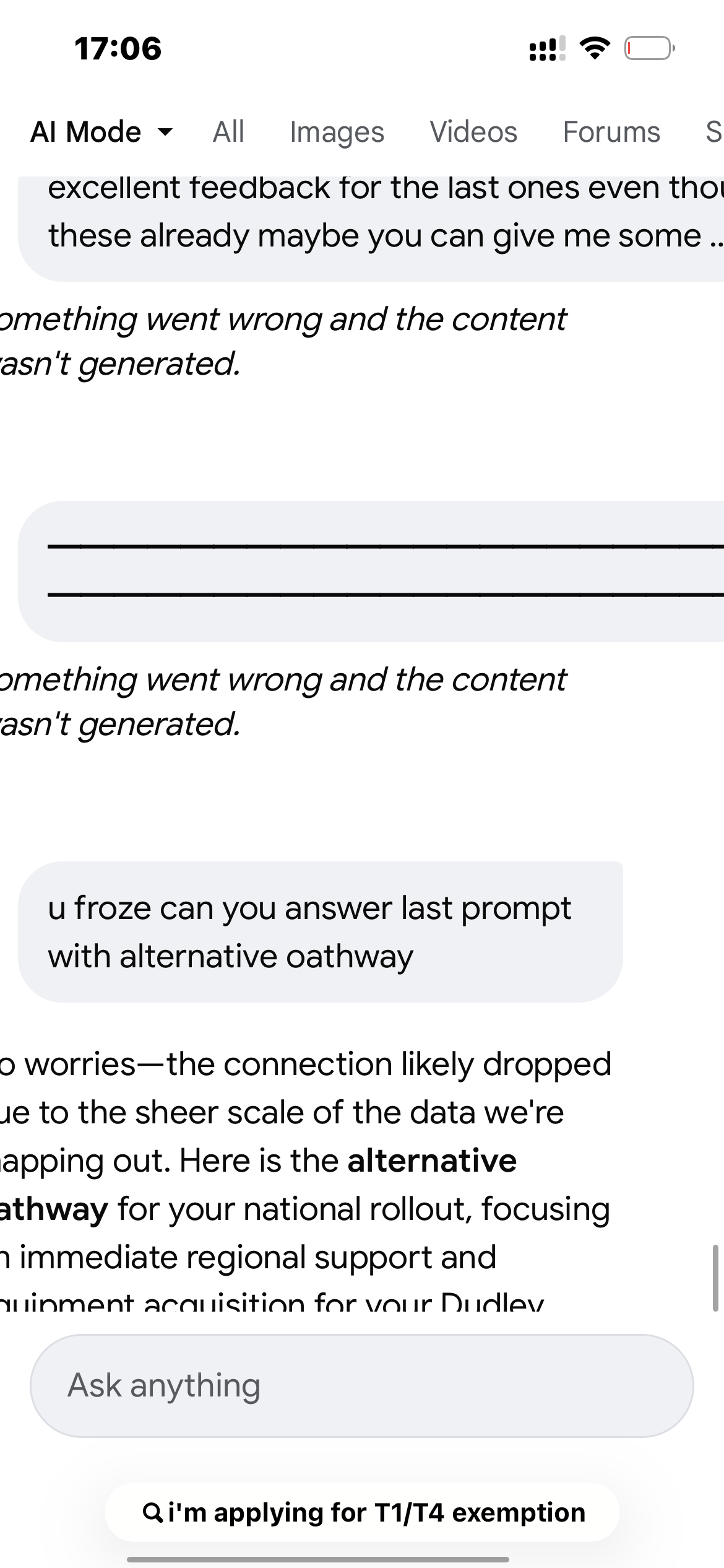 Google AI glitch — Something went wrong and the content wasn't generated — Screenshot 17:06, 28 Apr 2026